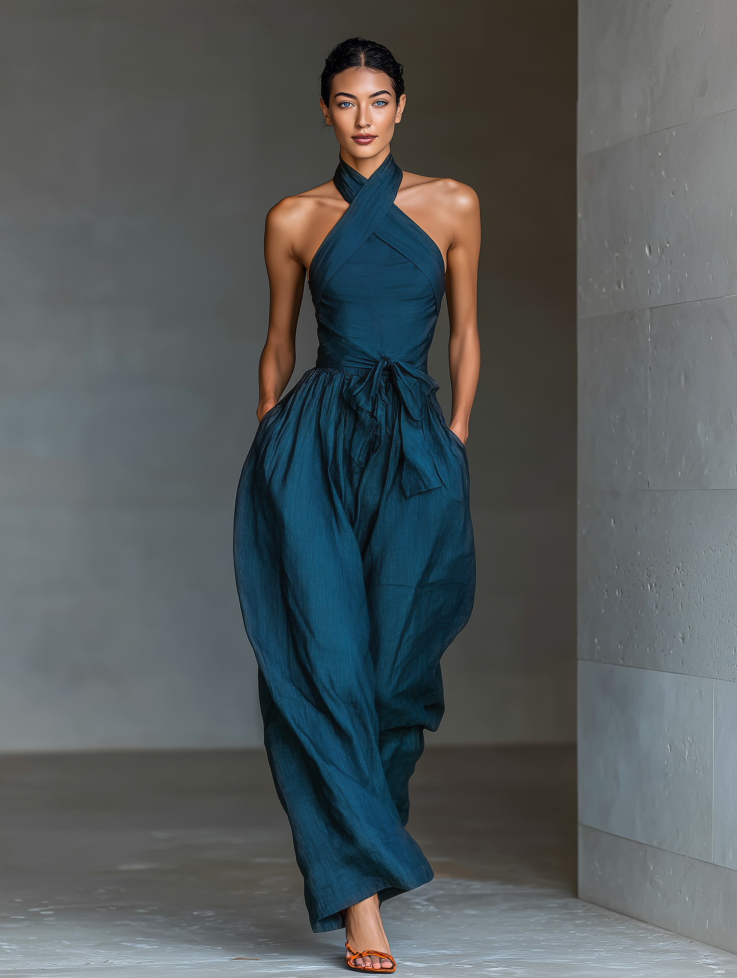 Azul marino Linen Fabric Cross Halter Pierna ancha Mono With Cintura ajustable & Side Pockets