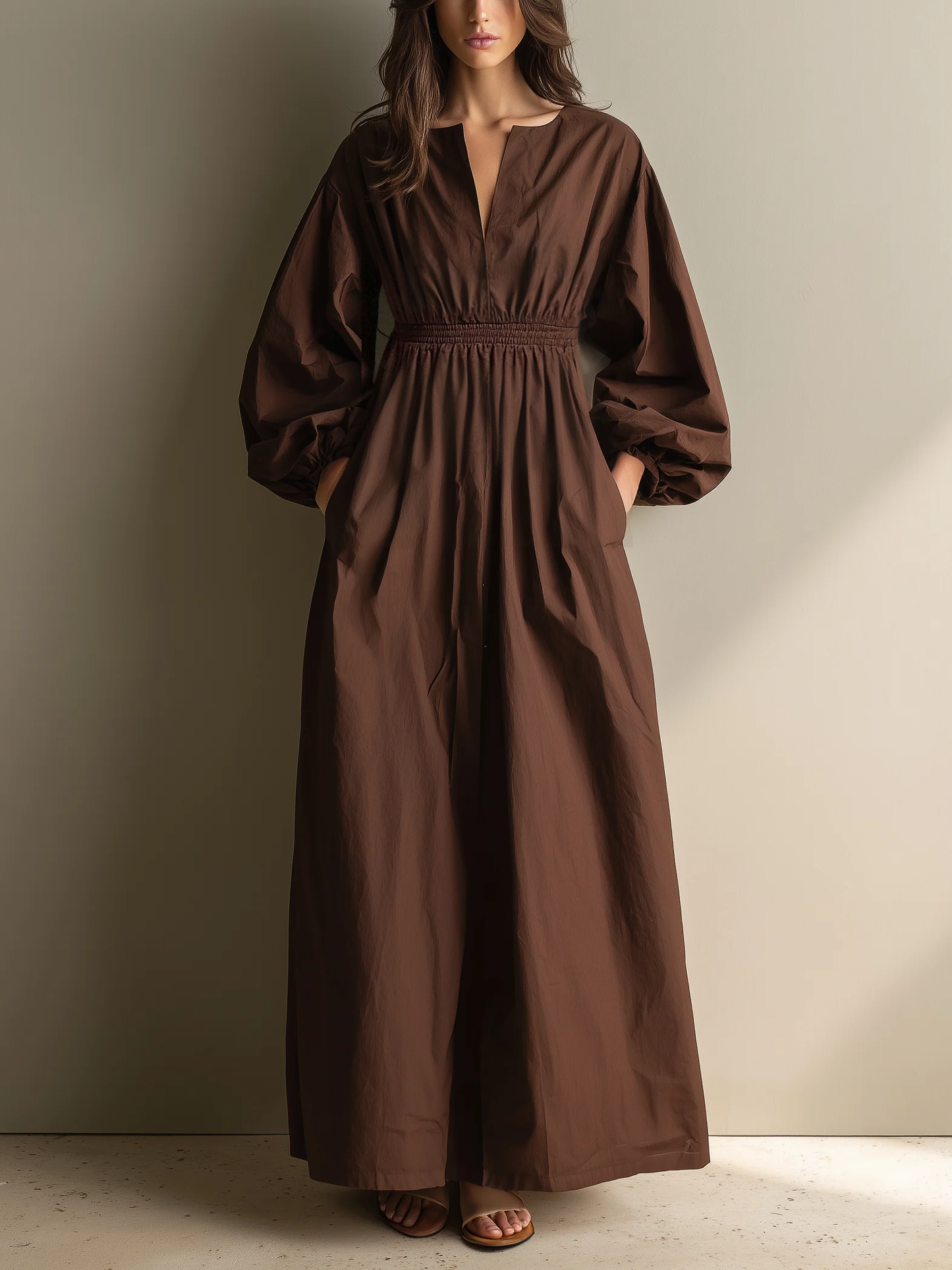 Casual Marrón Cotton And Linen Escote en V Manga larga Chalecoido maxi With Elastic Waist