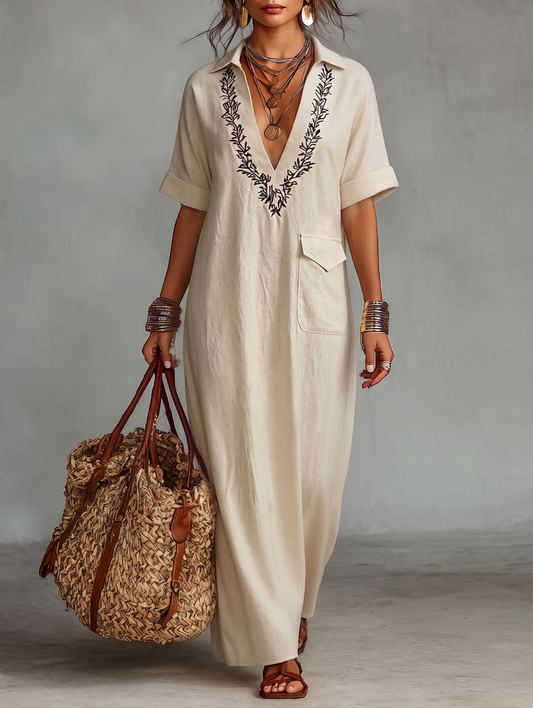 Vestido maxi de lino con bordado y manga corta