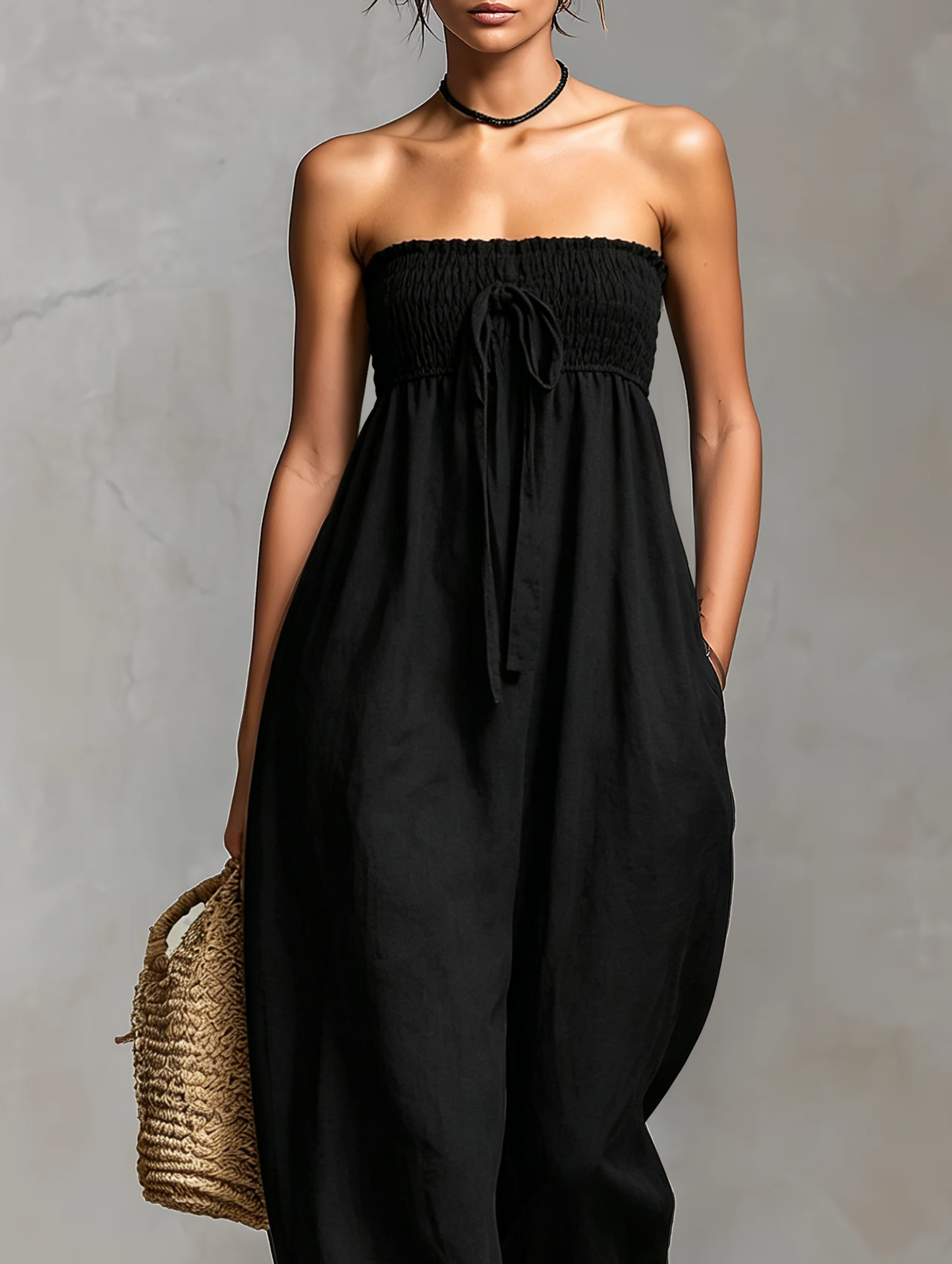 Minimalista Holgado Linen Blend Palabra de honor Mono With Tie Closure