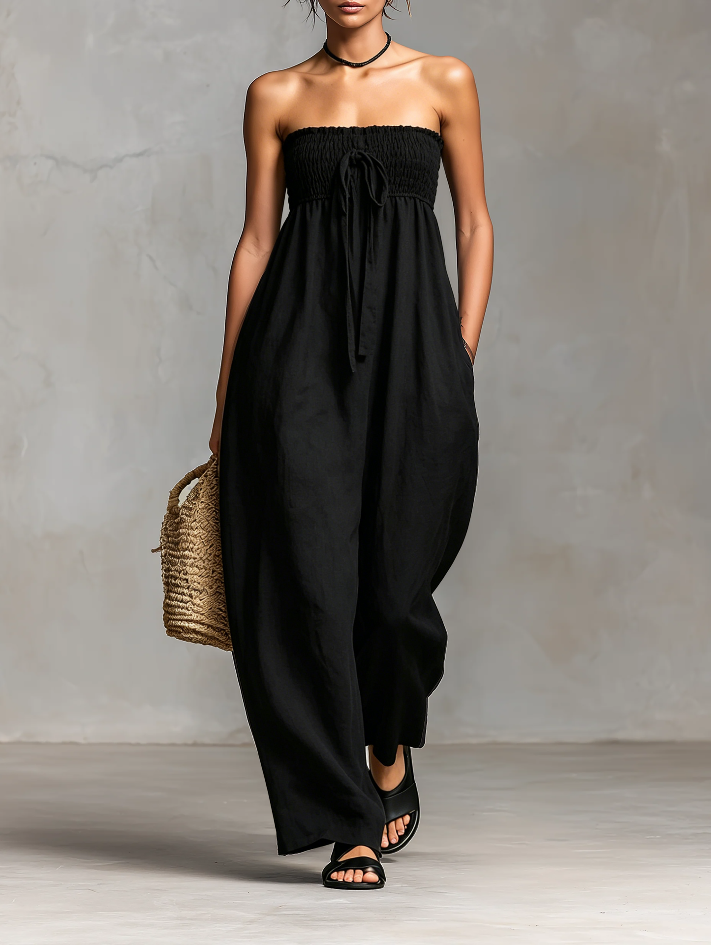 Minimalista Holgado Linen Blend Palabra de honor Mono With Tie Closure