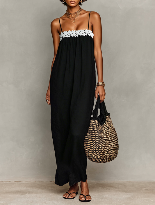 Vestido maxi de lino con paneles de encaje