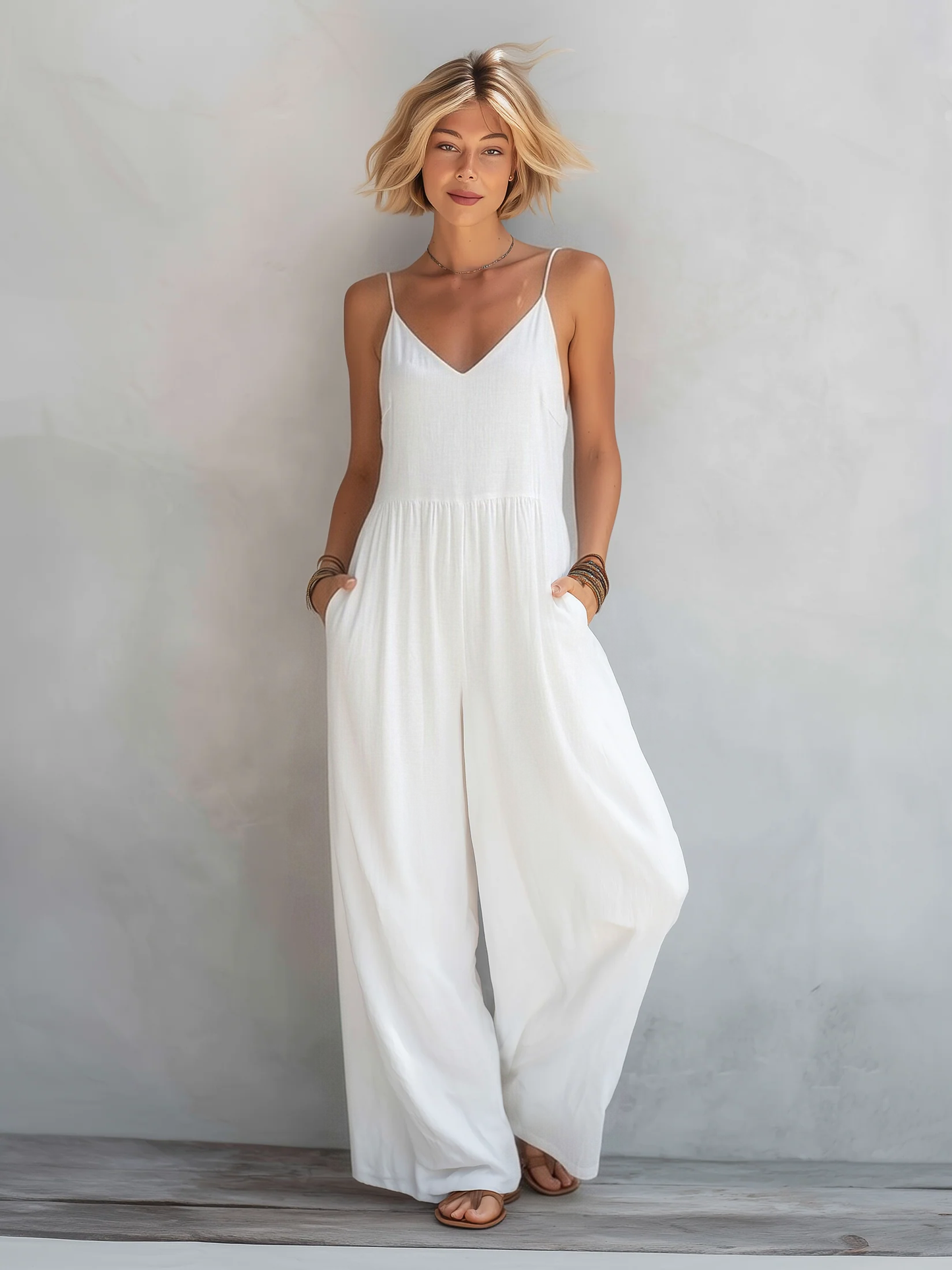 Casual Blanco Cotton-lino Blend Sin mangas Holgado Mono