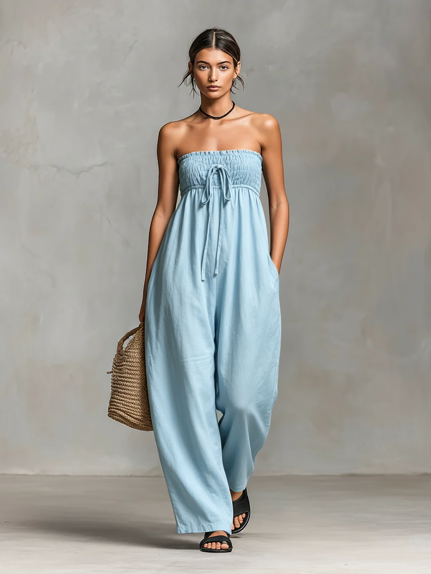 Minimalista Holgado Linen Blend Palabra de honor Mono With Tie Closure