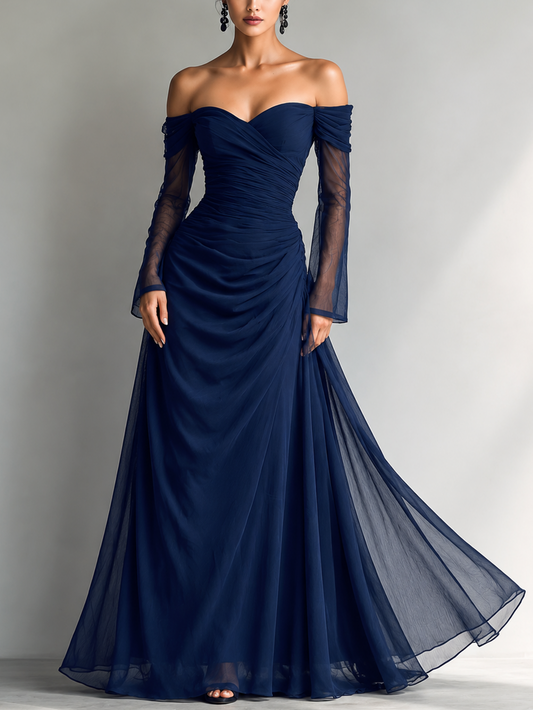 Vestido maxi azul oscuro de organza con hombros descubiertos