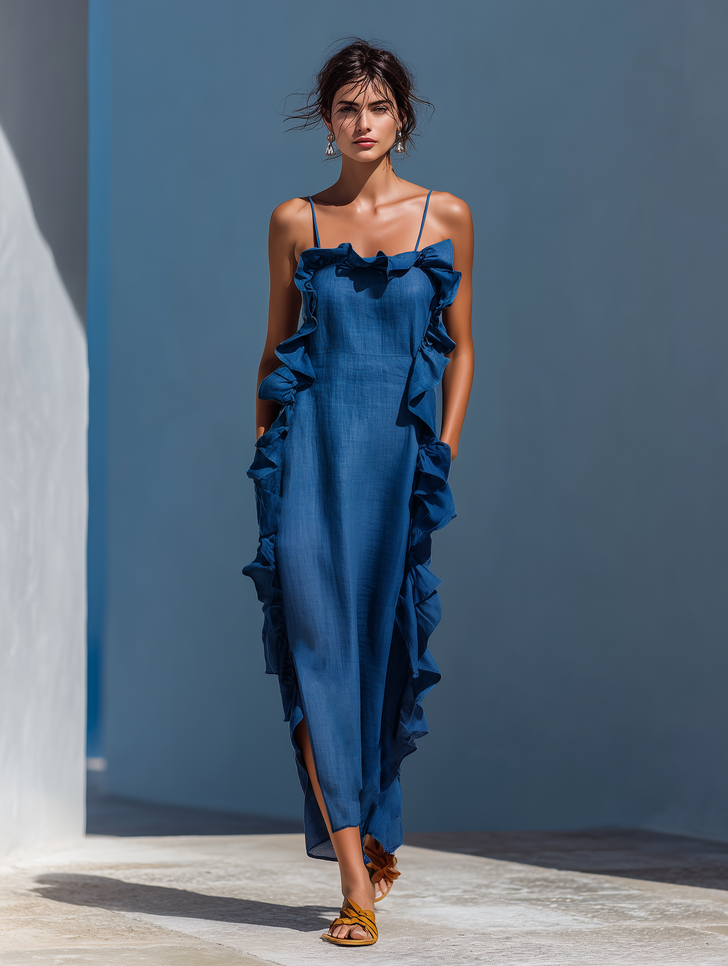 Azul Linen-Blend Spaghetti Strap Volante Trim Chalecoido maxi With Slit