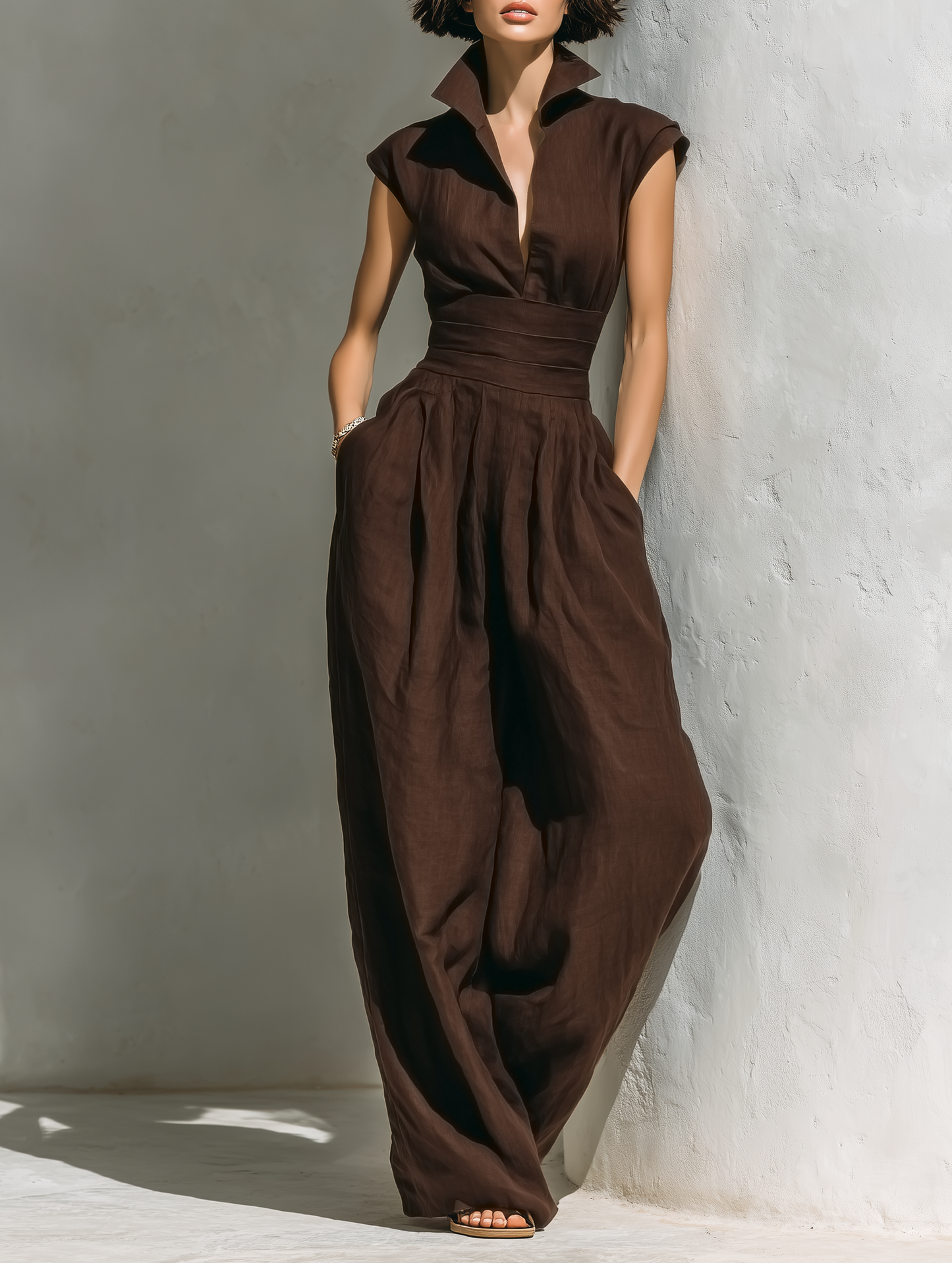 Minimalista Linen Blend Mono With Cap Sleeves And Pierna anchas