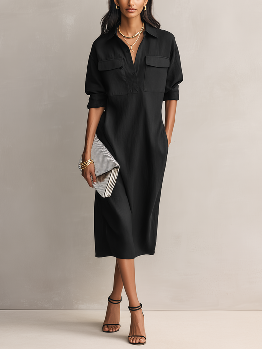 Vestido midi negro con cuello camisero y manga corta