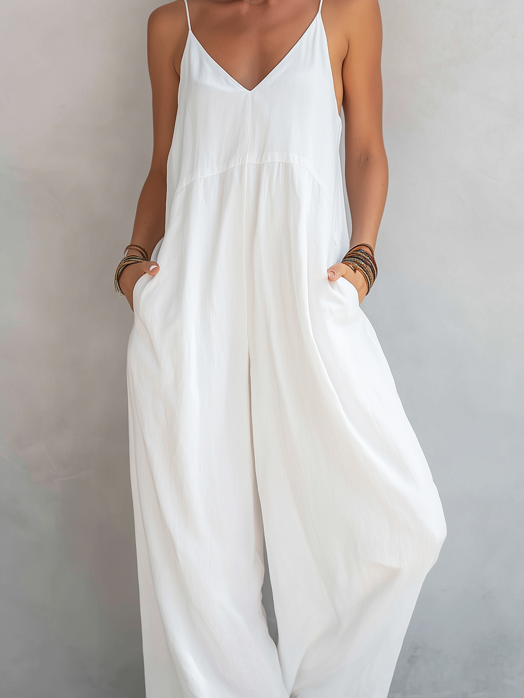 Casual Blanco Cotton-lino Blend Sin mangas Holgado Mono