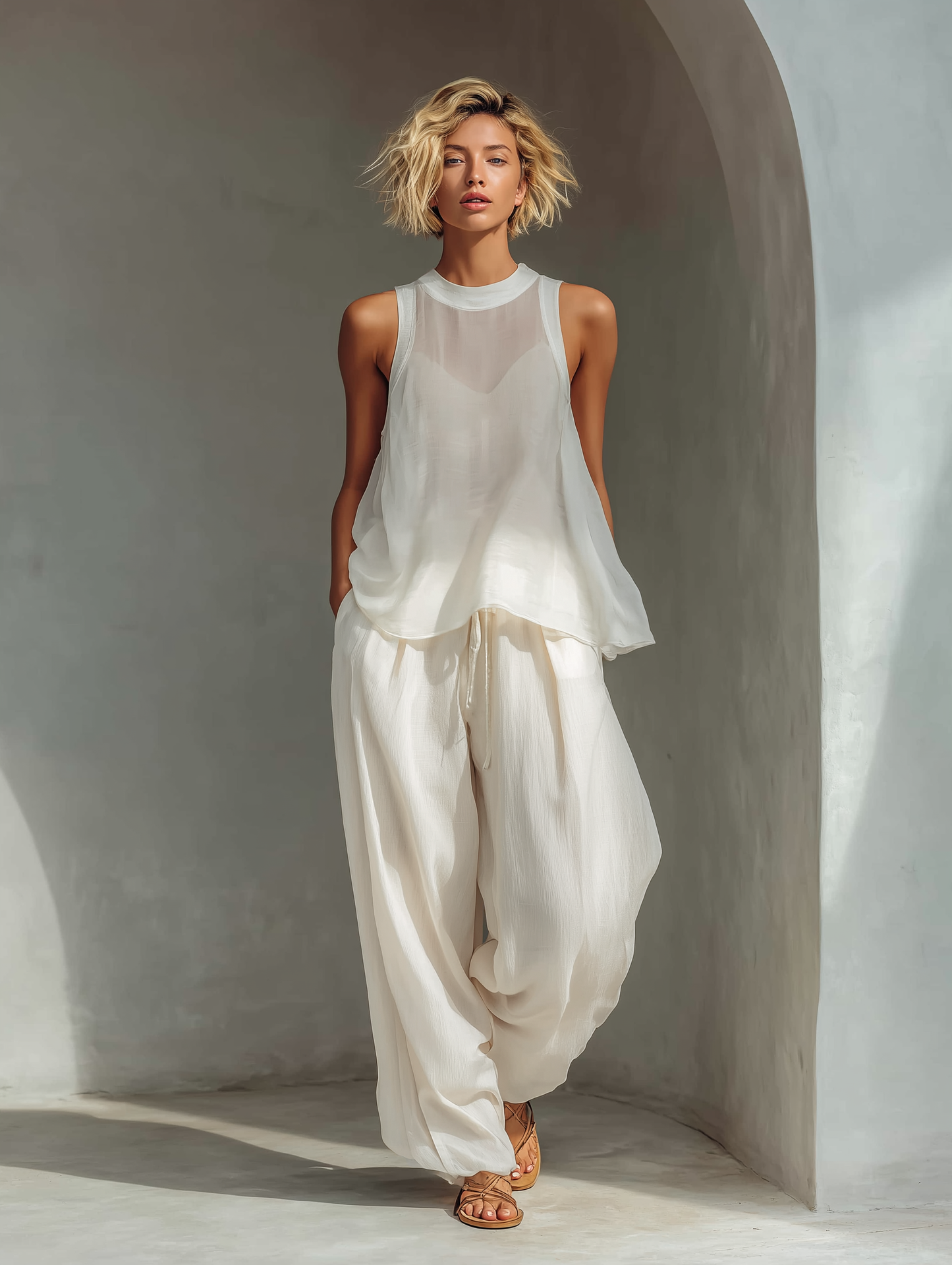 Crema Two-Piece Conjunto With Semi-sheer Chiffon Sin mangas Top & Cotton And Linen Blend Drawstring Pierna ancha Pantalón