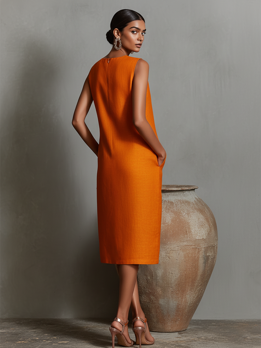 Naranja Linen Shift Dress With Sin mangas Cuello redondo & Side Pockets, Timeless Minimalista-Elegante Style Dress
