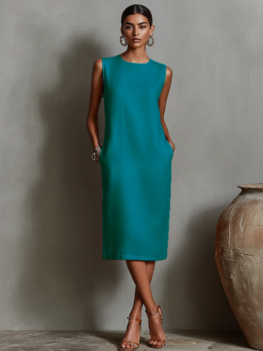 Naranja Linen Shift Dress With Sin mangas Cuello redondo & Side Pockets, Timeless Minimalista-Elegante Style Dress